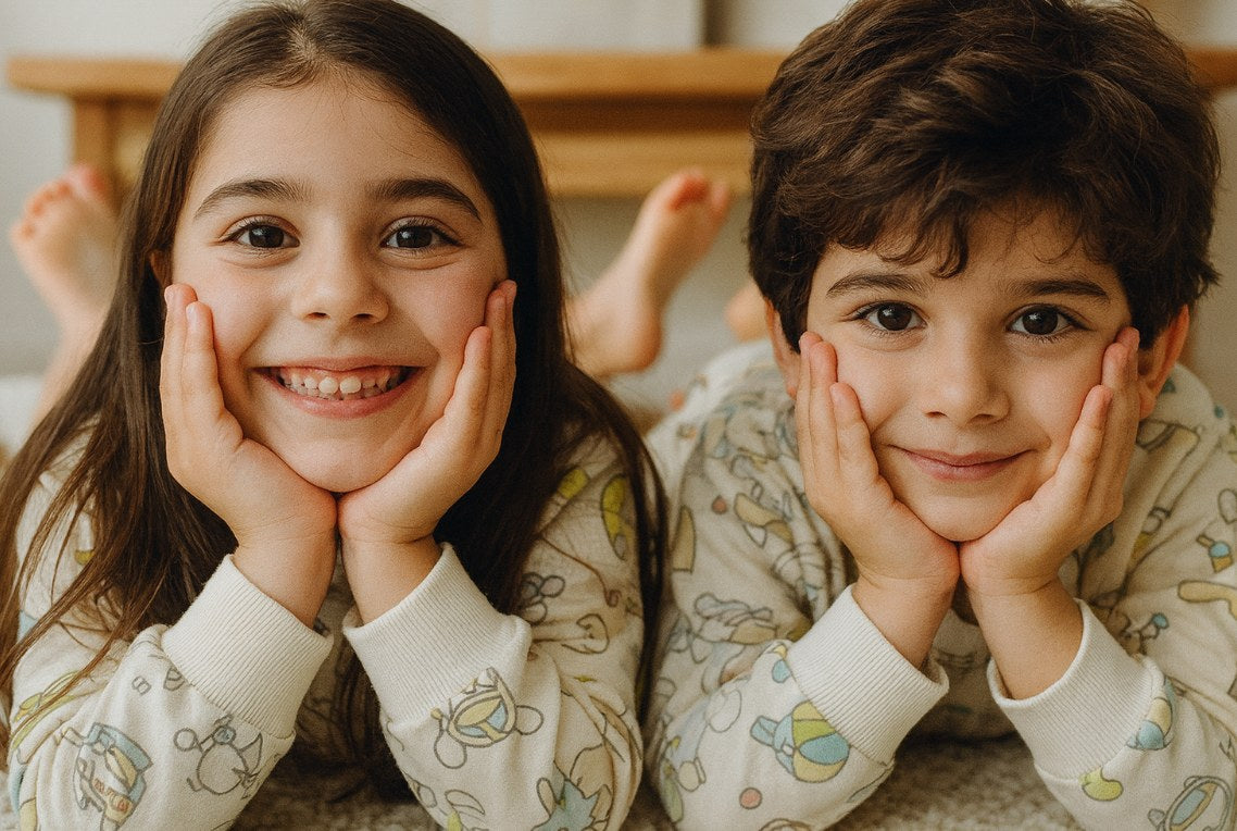 Duas crianças sorrindo, deitadas no chão com o rosto apoiado nas mãos